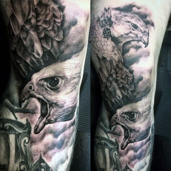 Shaded Black And Grey Mens Falcon Leg Tattoo Designs