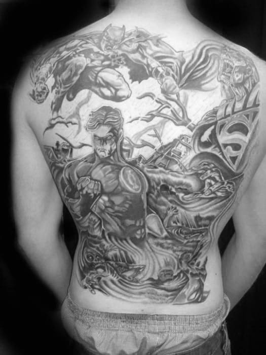 Shaded Black And Grey Mens Green Lantern Themed Back Tattoo