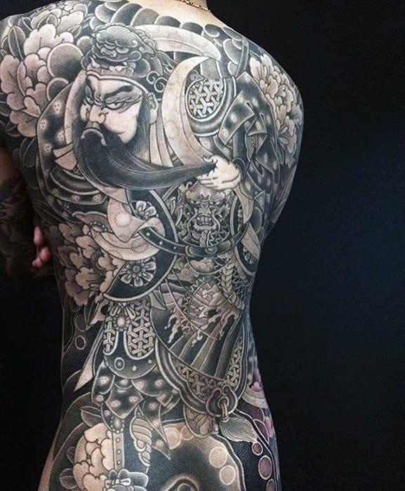 Shaded Black And Grey Mens Japanese Full Back Tattoo Designs