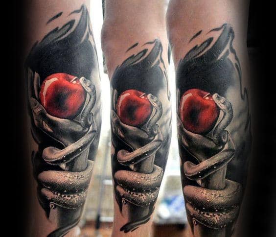 Shaded Black And Grey Mens Snake With Red Apple Leg Tattoos