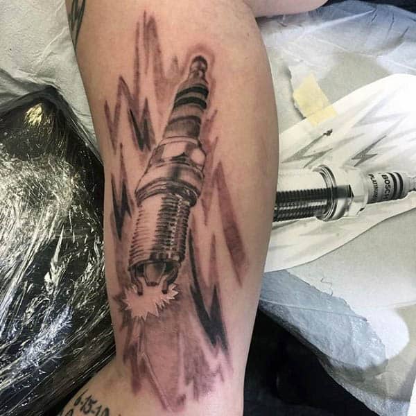 Shaded Black And Grey Mens Spark Plug Tattoo Design Ideas