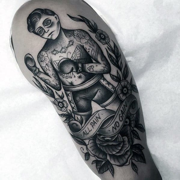 Shaded Black And Grey Mens Traditional Boxer Banner Tattoo On Arm