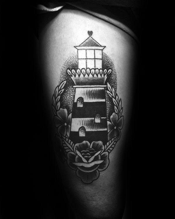 Shaded Black And Grey Mens Traditional Lighthouse Tattoo Inspiration On Thighs