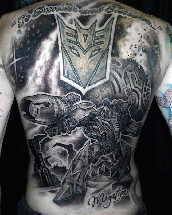 Shaded Black And Grey Mens Transformers Themed Tattoo On Back