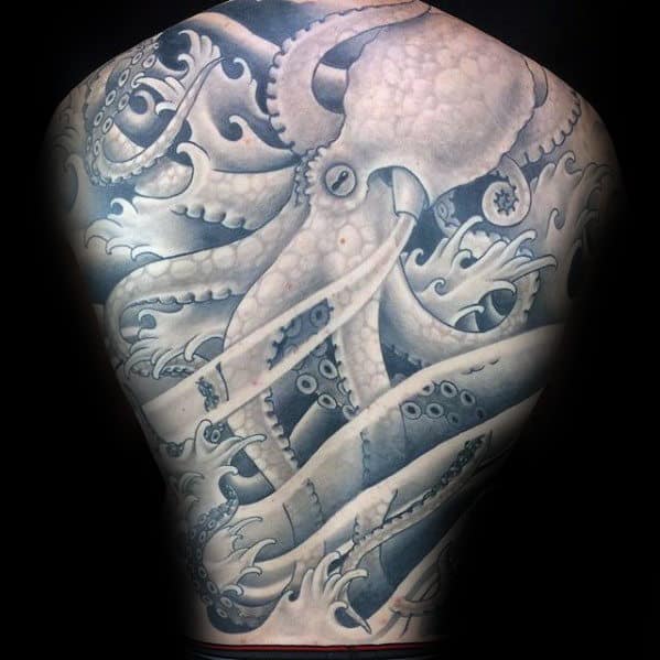 Shaded Black And Grey Octopus Traditional Japanese Mens Back Tattoos