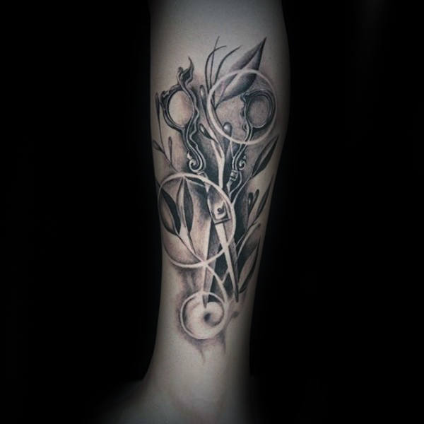 Shaded Black And Grey Ornate Scissor Male Lower Leg Tattoos