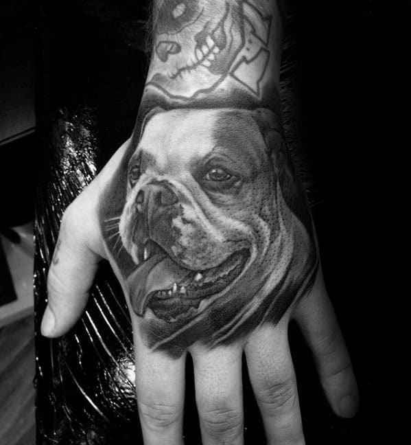 Shaded Black And Grey Realistic Bulldog Hand Tattoo Ideas For Men