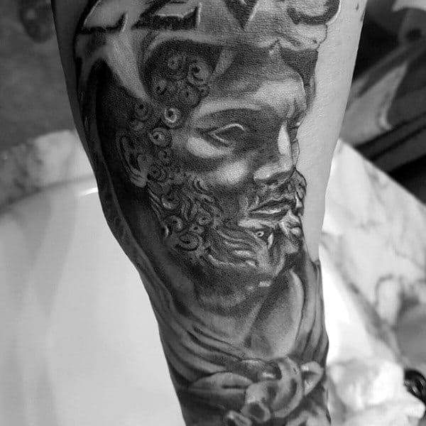 Shaded Black And Grey Roman Hercules Male Tattoo Ideas On Arm