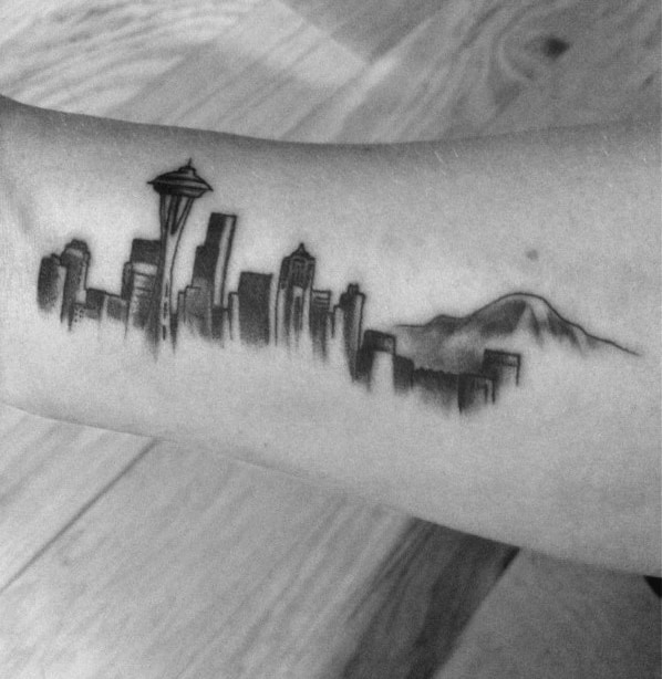 Shaded Black And Grey Seattle Skyline Small Mens Inner Forearm Tattoos