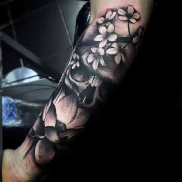 Shaded Black And Grey Skull Forearm Lotus Flower Tattoos For Men