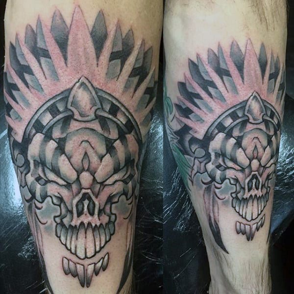 Shaded Black And Grey Skull Indian Tattoo For Guys