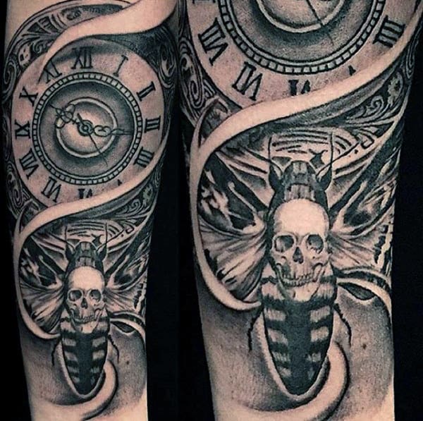 Shaded Black And Grey Skull Moth With Clock Mens Forearm Sleeve Tattoos