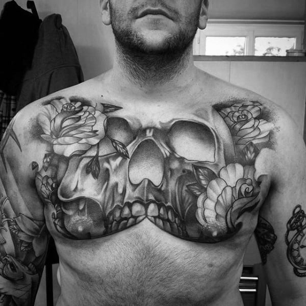 Shaded Black And Grey Skull Upper Chest Tattoos For Males