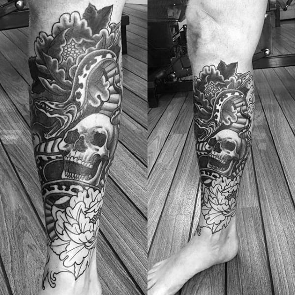 Shaded Black And Grey Skull With Snake And Peony Flower Mens Lower Leg Sleeve Tattoo