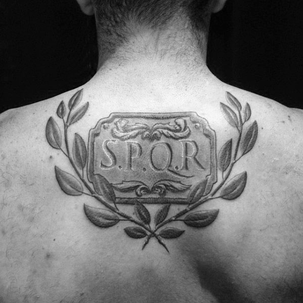 Shaded Black And Grey Spqr Senatus Populusque Romanus Mens Upper Back Tattoo
