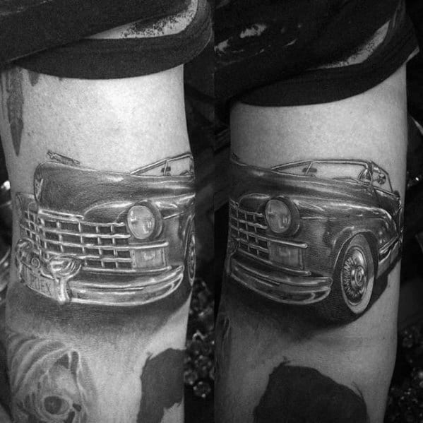 Shaded Black And Grey Tattoo Of Cadillac Car On Gentleman