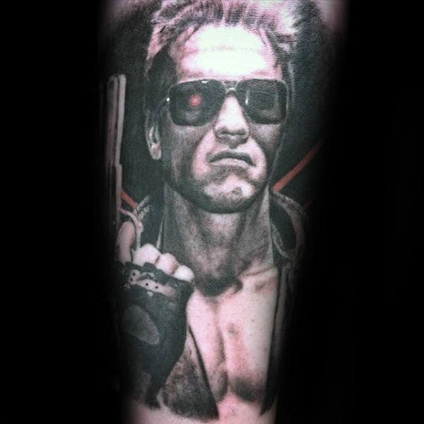Shaded Black And Grey Terminator Tattoo On Male