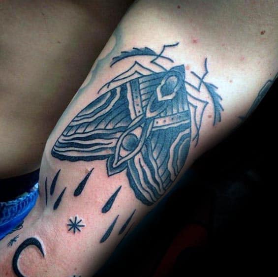 Shaded Black And Grey Traditional Moth Tattoo For Guys On Lower Arm