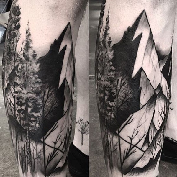 Shaded Black And Grey Tree Sleeve Tattoo For Men With Mountain Designs