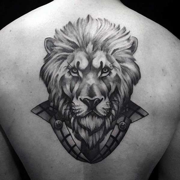 Shaded Black And Grey Unique Back Tiger Head Tattoos For Men