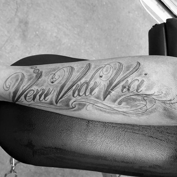 Shaded Black And Grey Veni Vidi Vici Mens Forearm Tattoo Ideas