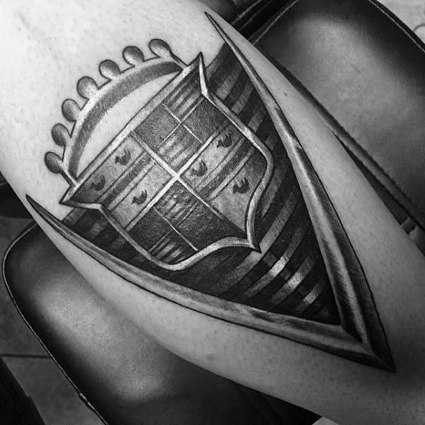 Shaded Black And Grey Vintage Cadillac Logo Guys Arm Tattoo