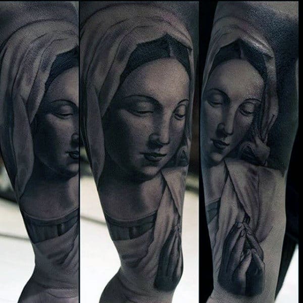 Shaded Black And Grey Virgin Mary Tattoo On Gentleman