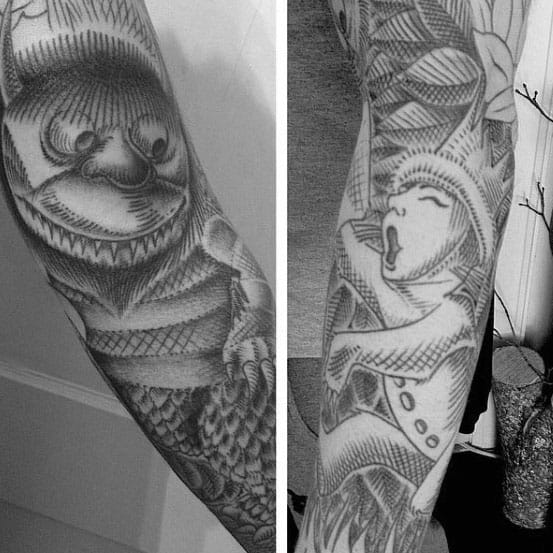Shaded Black And Grey Where The Wild Things Are Male Sleeve Tattoo Inspiration