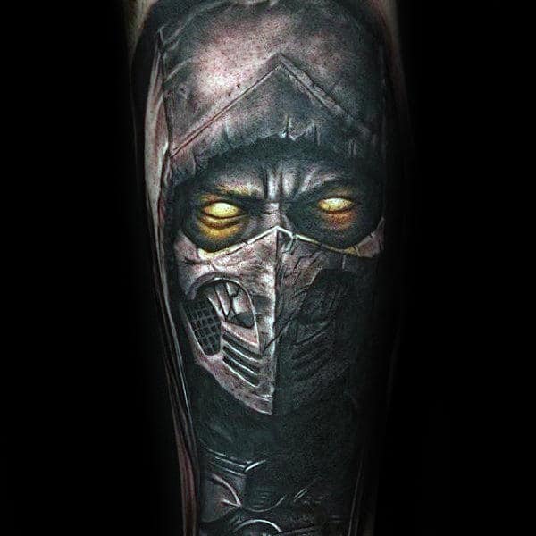 Shaded Black And Grey With Glowing Yellow Eyes Mens Mortal Komba Tattoo Sleeve