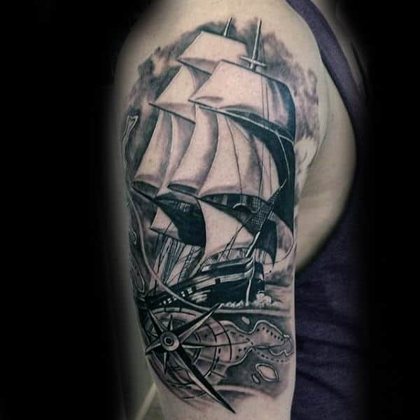 Shaded Black And White Ink Nauticalhandguys Upper Arm Sailing Ship Tattoo Designs