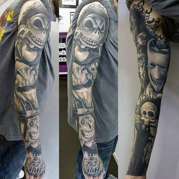 Shaded Black Ink Amazing Guys Night Before Christmas Tattoo Sleeves