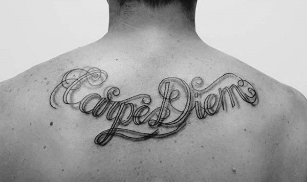 Shaded Black Ink Carpe Diem Back Mens Tattoos