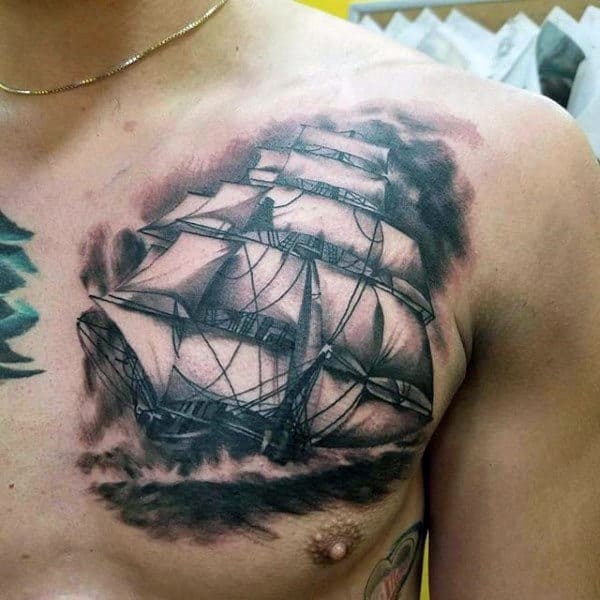 Shaded Black Ink Guys Nautical Ship Upper Chest Tattoo Design Ideas