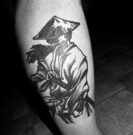Shaded Black Ink Male Ninja Leg Tattoos