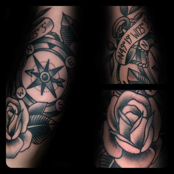 Shaded Black Ink Mens Traditional Compass And Rose Forearm Tattoos