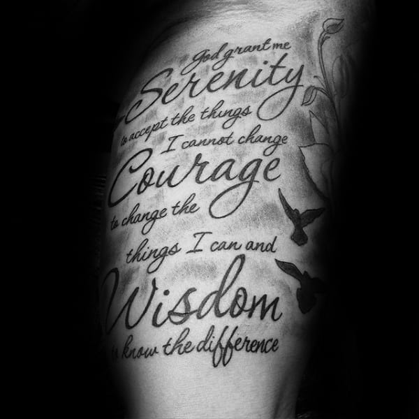 Shaded Black Ink Serenity Prayer Male Arm Tattoos