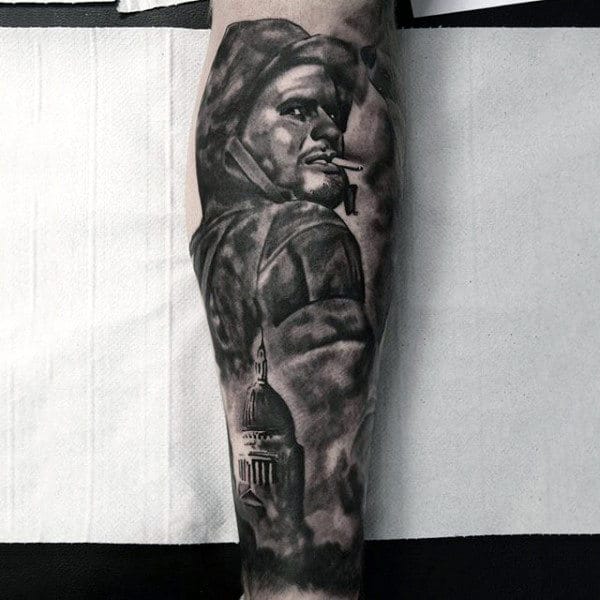 Shaded Black Ink Solider Army Mens Forearm Sleeve Tattoo Ideas