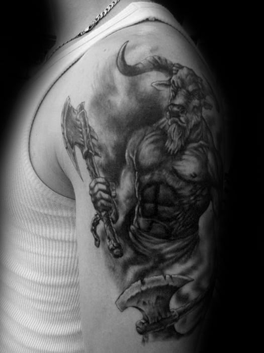 Shaded Blackand Grey Ink Arm Male Minotaur Tattoo Designs