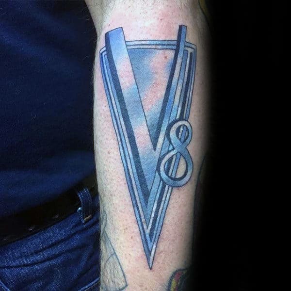 Shaded Blue Ink Mens V8 Outer Forearm Tattoos