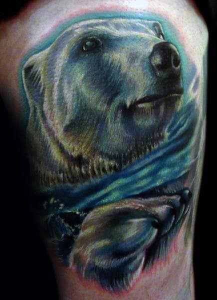 Shaded Blue Ink Swimming Polar Bear In Water Mens Arm Tattoo