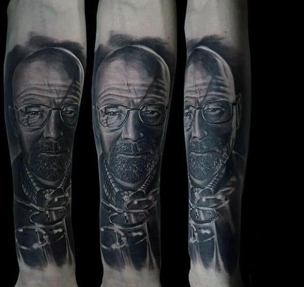 Shaded Breaking Bad Guys Inner Forearm Sleeve Tattoo