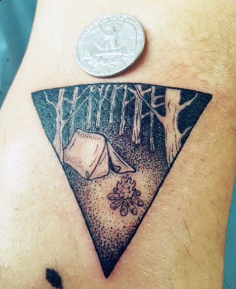 Shaded Camping Design In Triangle Tattoo On Arms