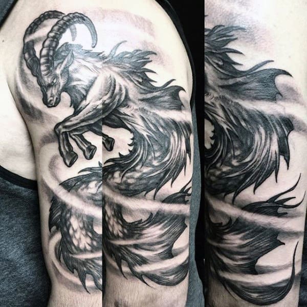 Shaded Capricorn Sea Goat Upper Arm Tattoo On Male