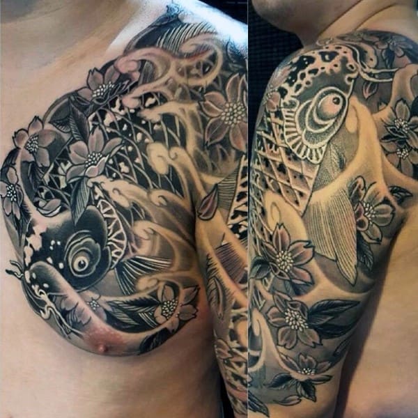 Japanese-style chest and sleeve tattoo featuring a koi fish, cherry blossoms, and flowing water in bold black and grey shading for a dynamic look