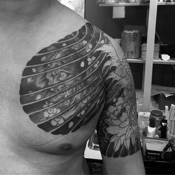 Shaded Chest And Arm Male Japanese Demon Tattoo Design Ideas
