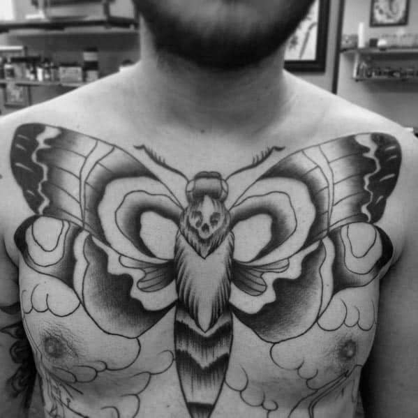 Shaded Chest Male Traditional Moth Tattoo Design Ideas