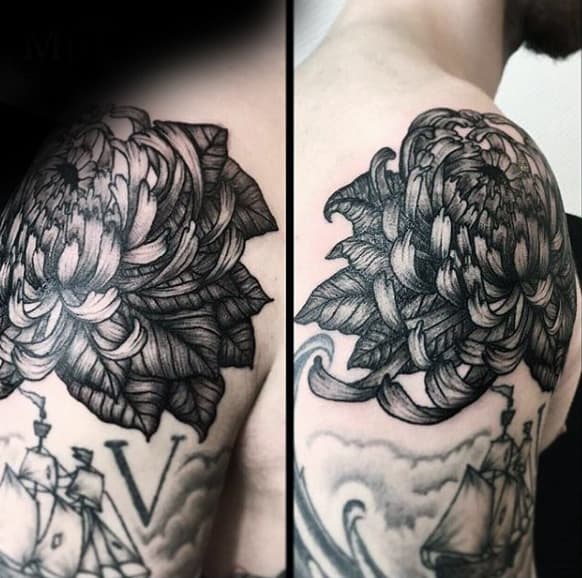 Shaded Chrysanthemum Flower Mens Shoulder Tattoo