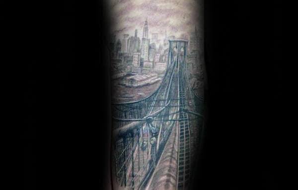 Shaded City Buildings With Bridge Male Leg Tattoo Ideas