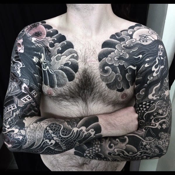 Shaded Clouds With Ocean Waves Guys Japanese Upper Chest Tattoos