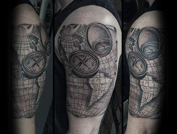 Shaded Compass With World Map Guys Wanderlust Arm Tattoo